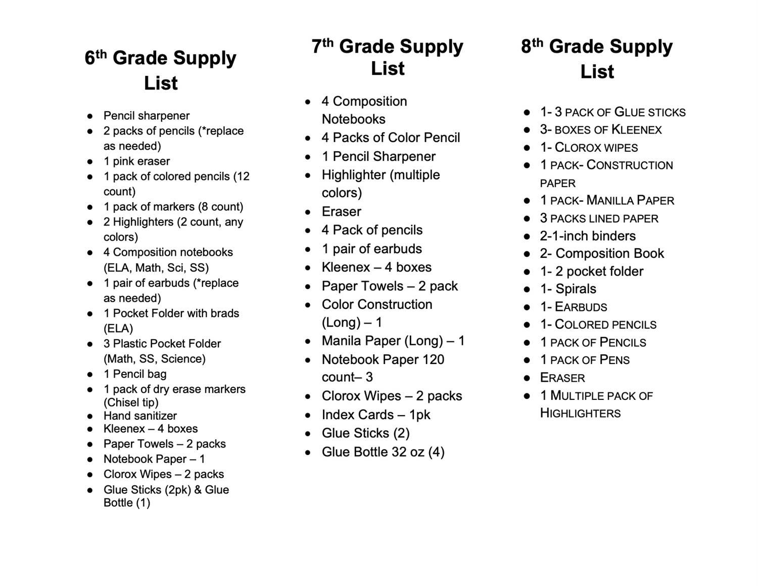 Middle School Supplies List