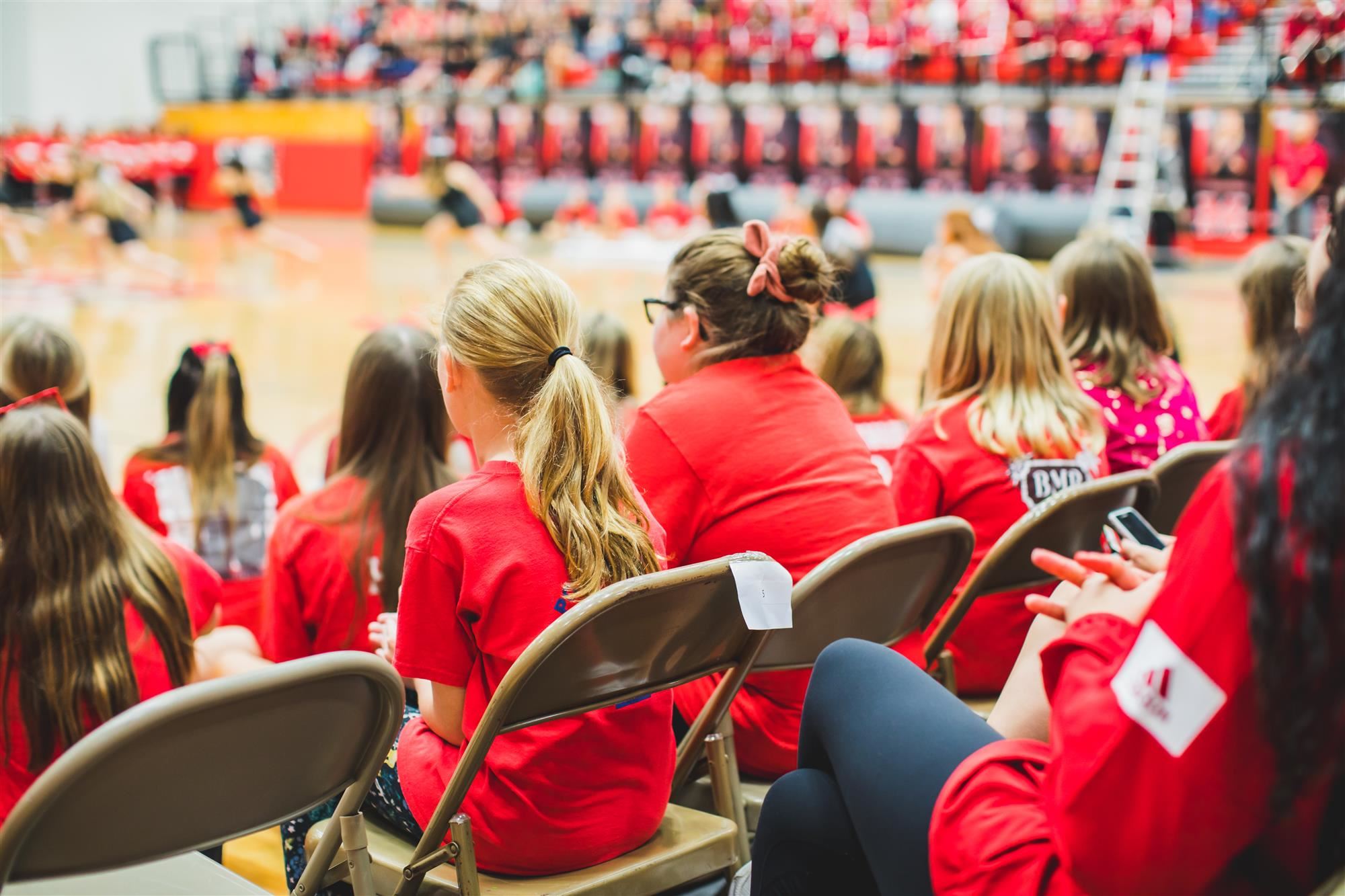 Flower Mound Elementary students watch MHS drill team perform during pep rally. 2019 