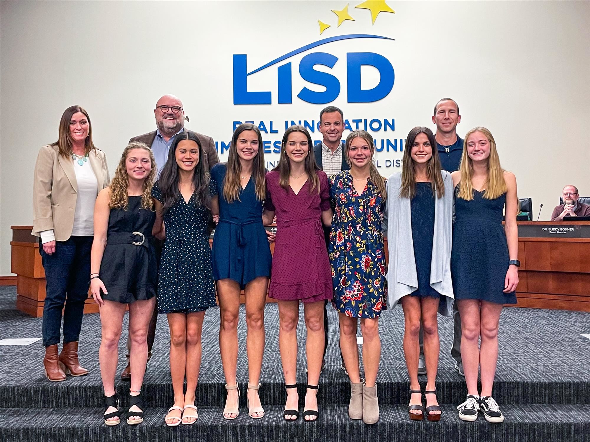Flower Mound High School cross country team recognized by LISD School Board for winning UIL Championship. 2021