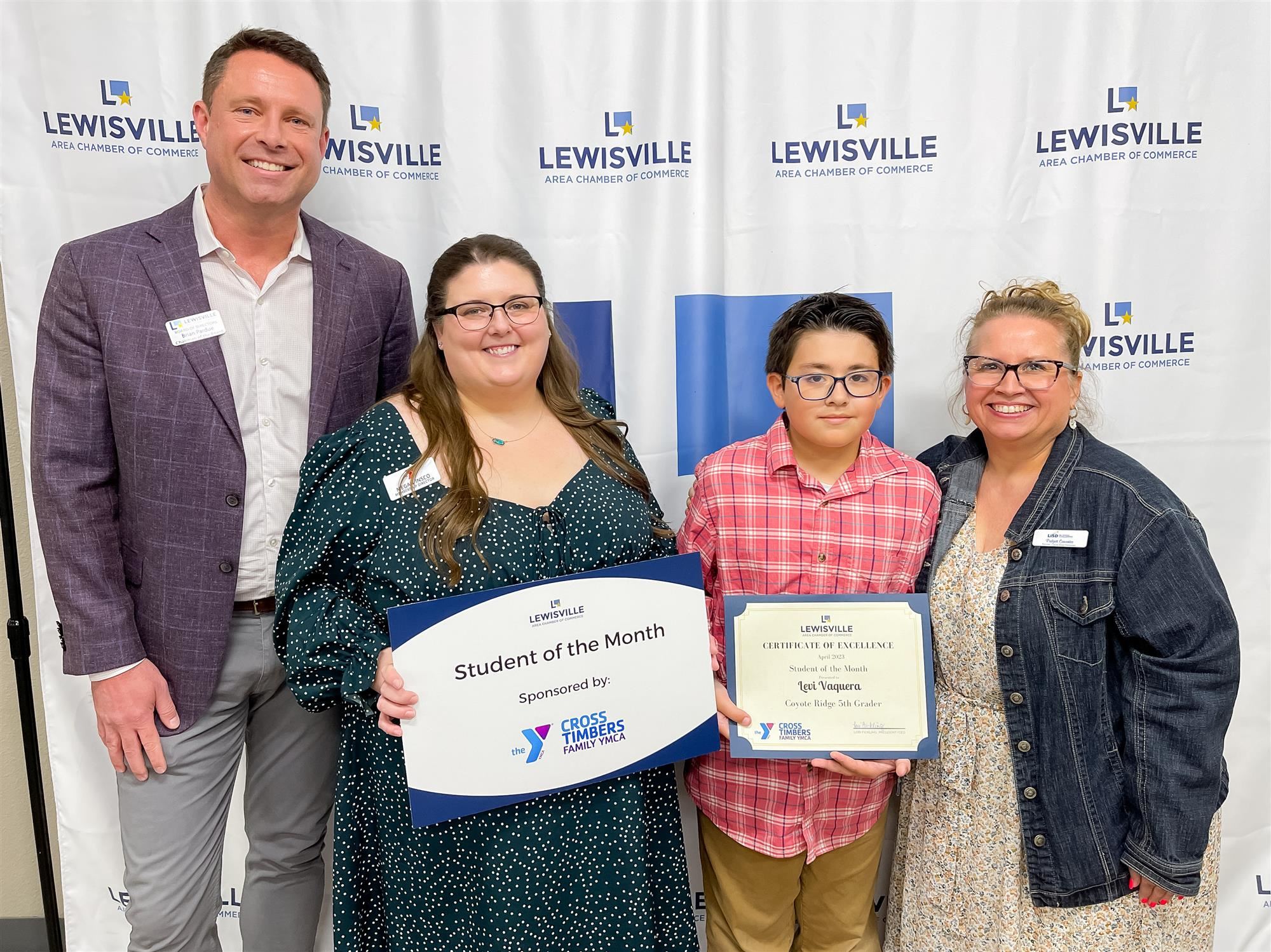 Coyote Ridge Elementary student Levi V. named Lewisville Chamber Student of the Month. April 2023