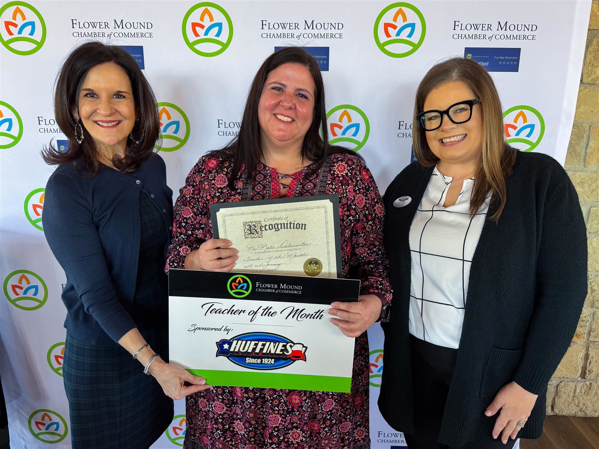 Forest Vista Elementary Librarian Katie Delamarter named Flower Mound Chamber's Teacher of the Month. 