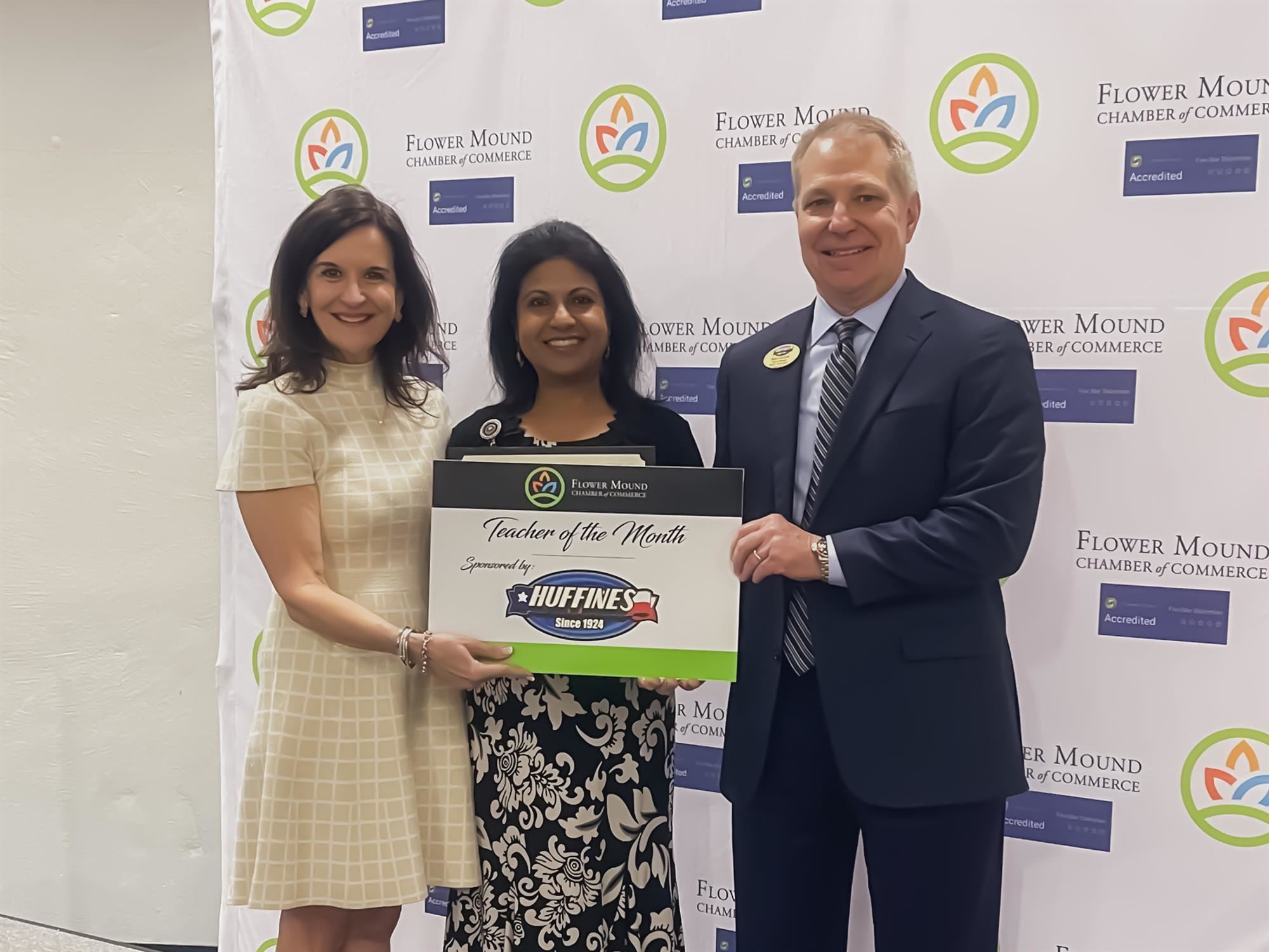 McKamy Middle School teacher Ms. Das named Flower Mound Chamber Teacher of the Month. 