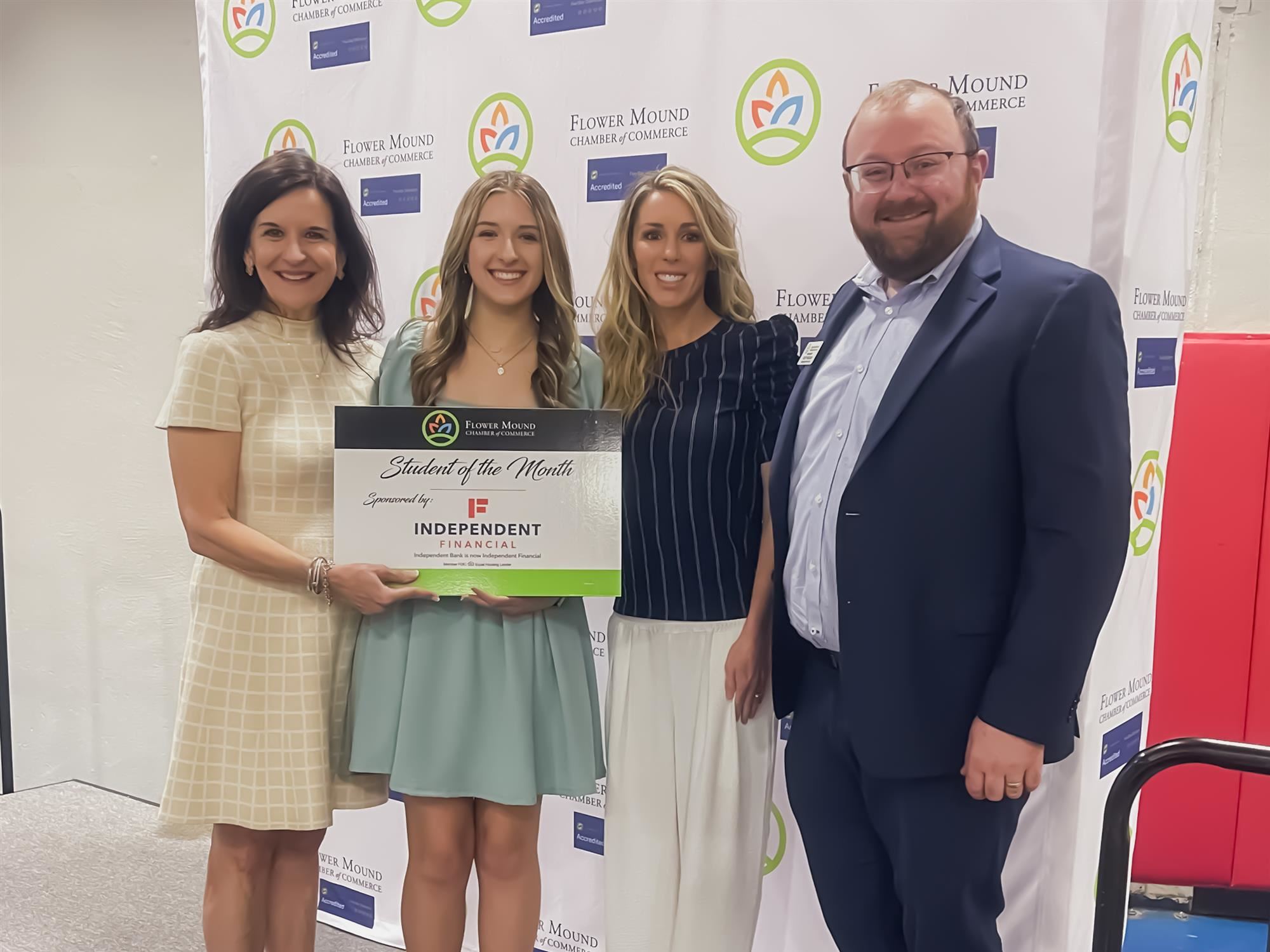 McKamy Middle School student Aria LaBabera named Flower Mound Chamber Student of the Month. 