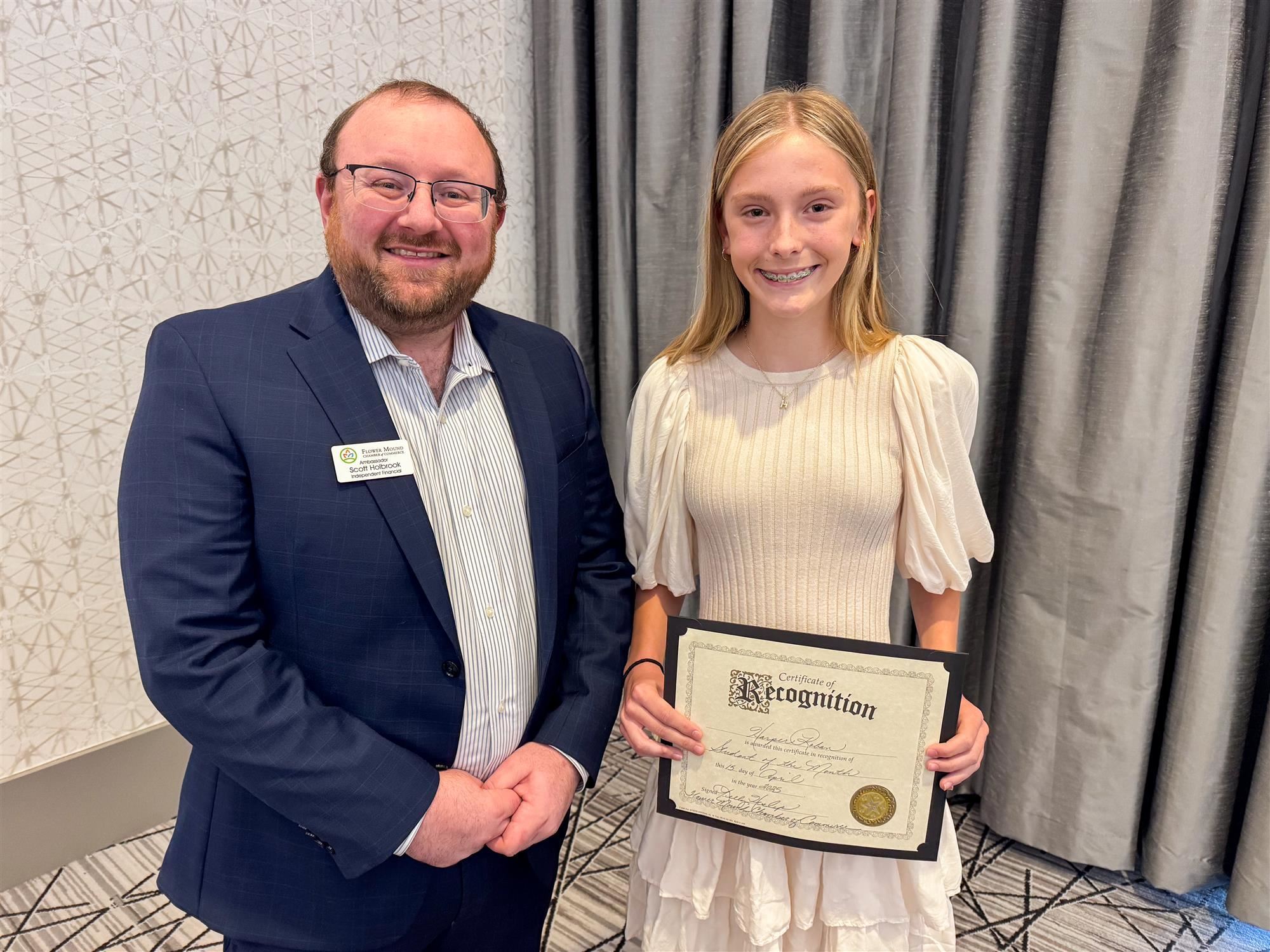 Downing Middle School student Harper Roban named Flower Mound Chamber Student of the Month. 