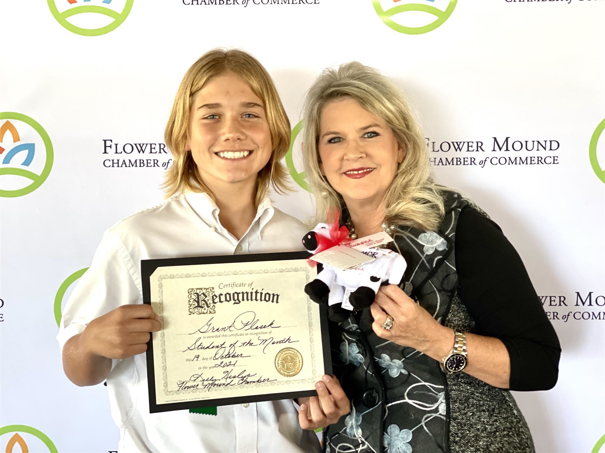 Forestwood Middle School 8th Grader Grant Plasek named Flower Mound October Chamber of the Month. 