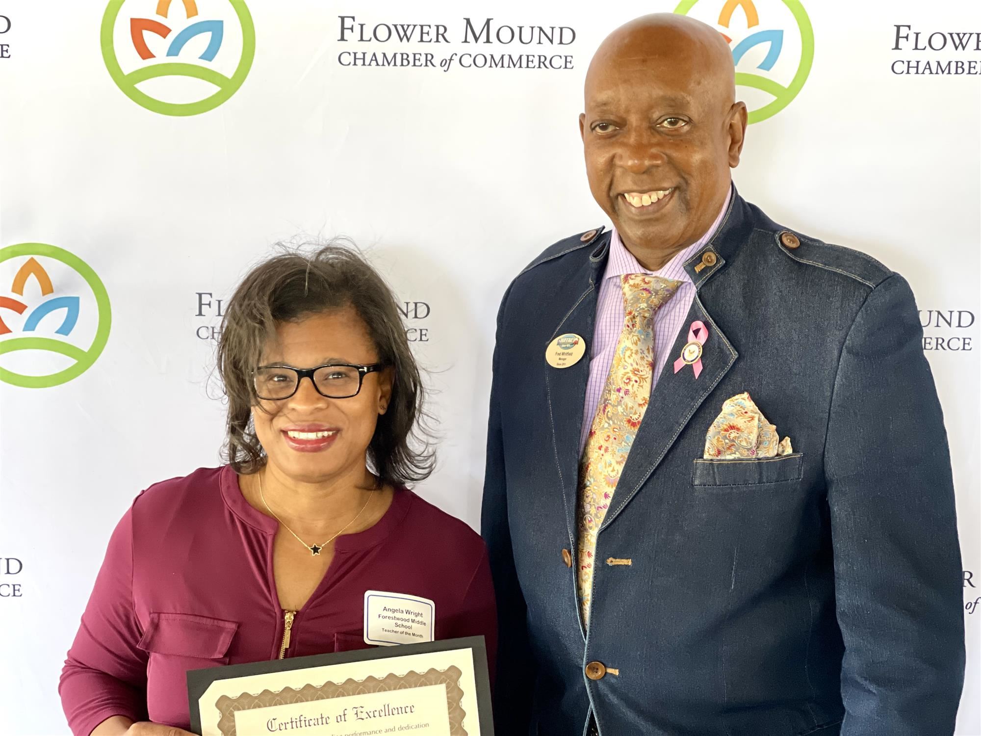 Forestwood Middle School teacher Angela Wright named Flower Mound Chamber October Teacher of the Month. 2021
