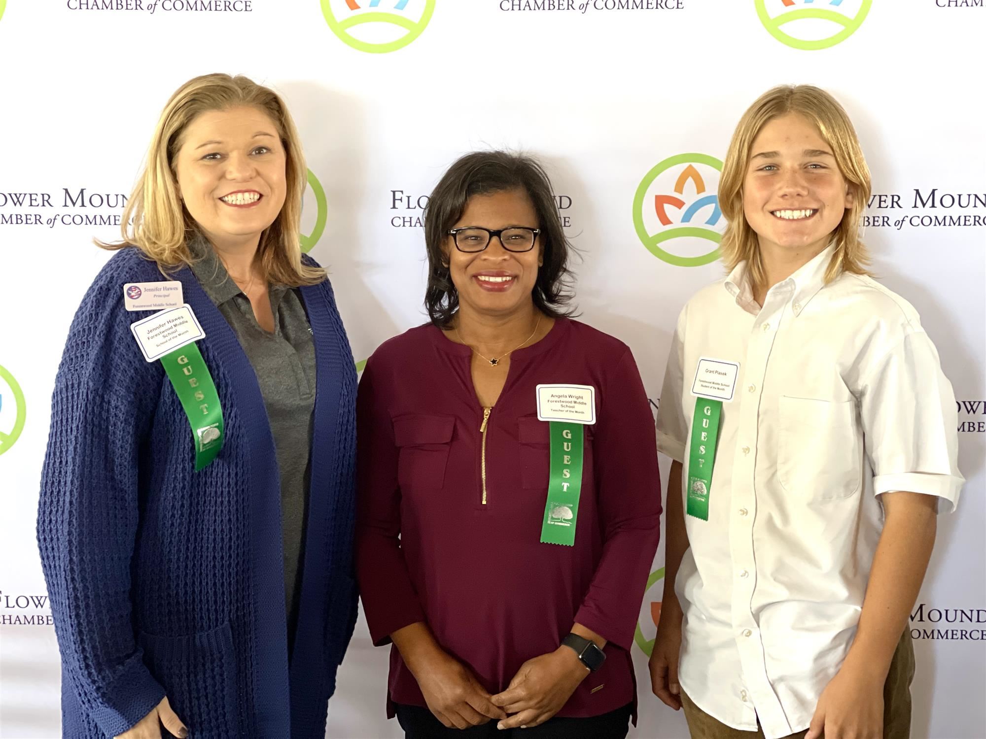 Forestwood Middle School student, teacher and campus were recognized by the Flower Mound Chamber. October 2021