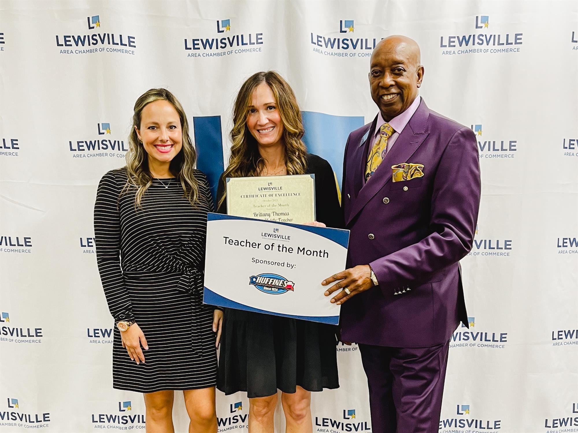 Killian Middle School teacher Brittany Thomas recognized by Lewisville Chamber of Commerce. October 2021