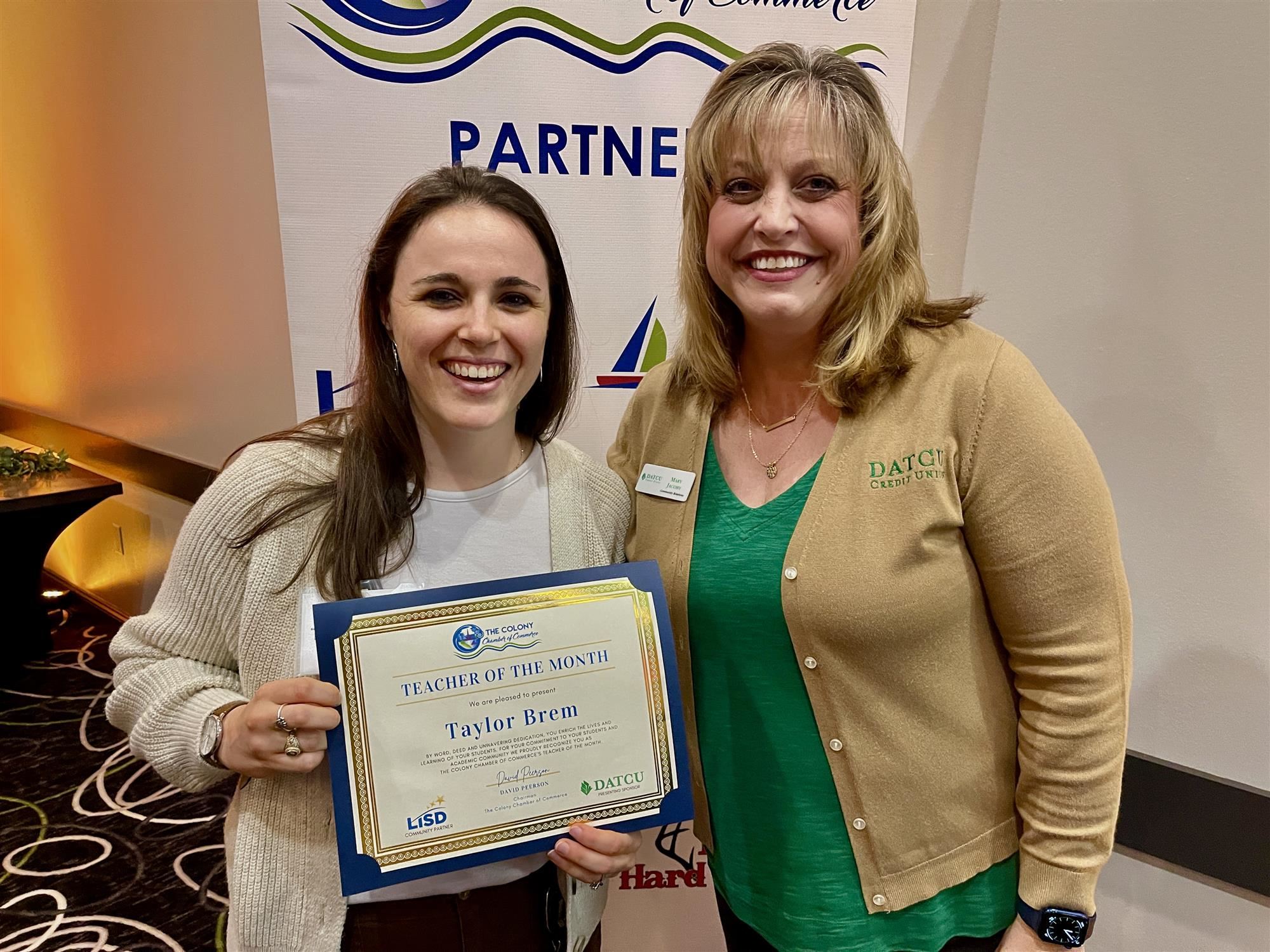 Griffin Middle School teacher Taylor Brem named The Colony Chamber Teacher of the Month. 2023