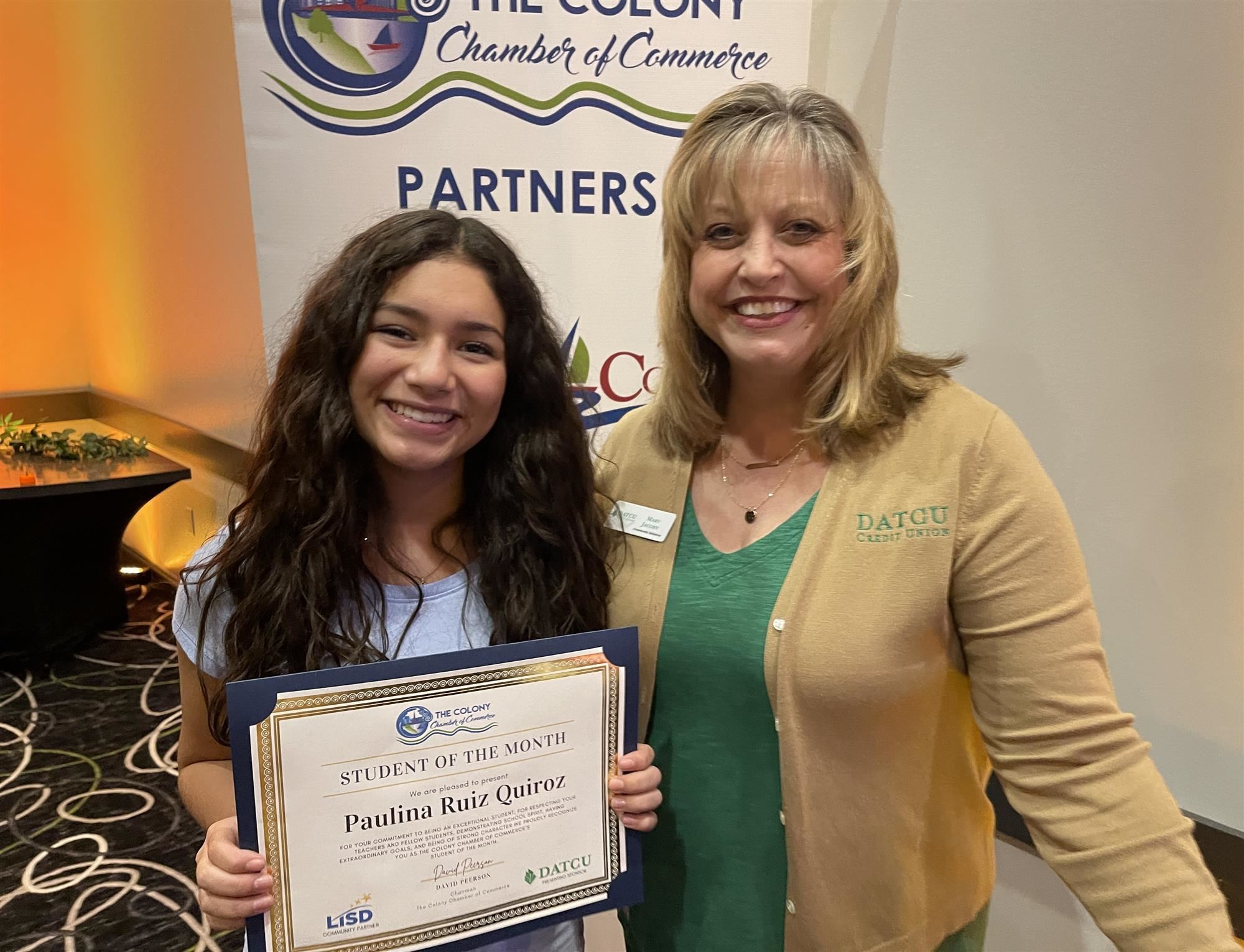 Griffin Middle School student Paulina Ruiz Quiroz named The Colony Chamber Student of the Month. 2023