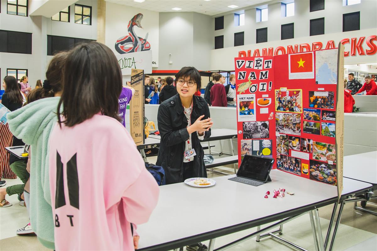 Marcus student talks to Downing students about Vietnam. 