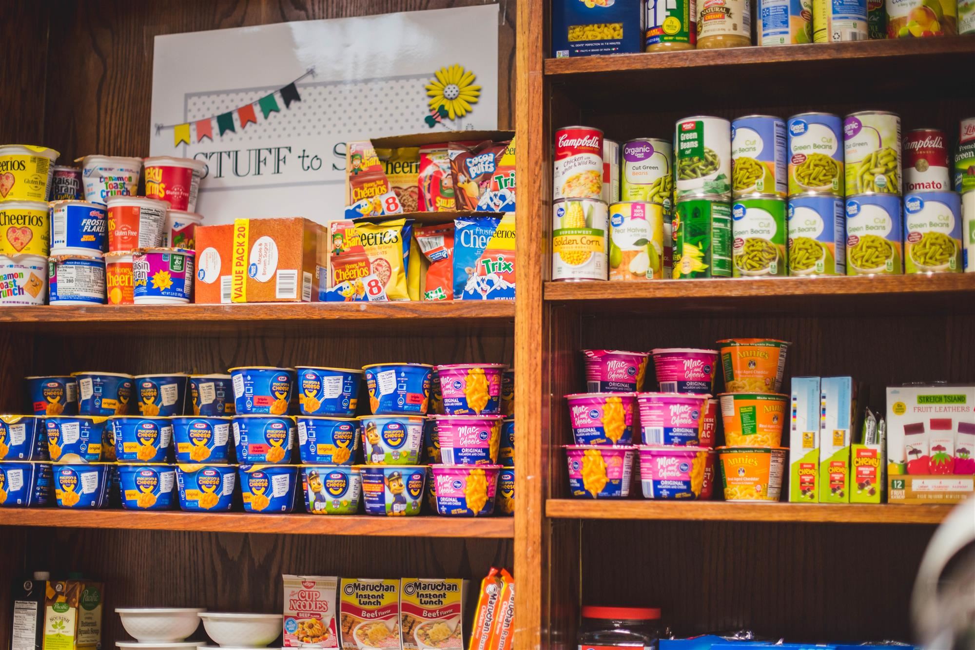 Snack pantry shelves of food 