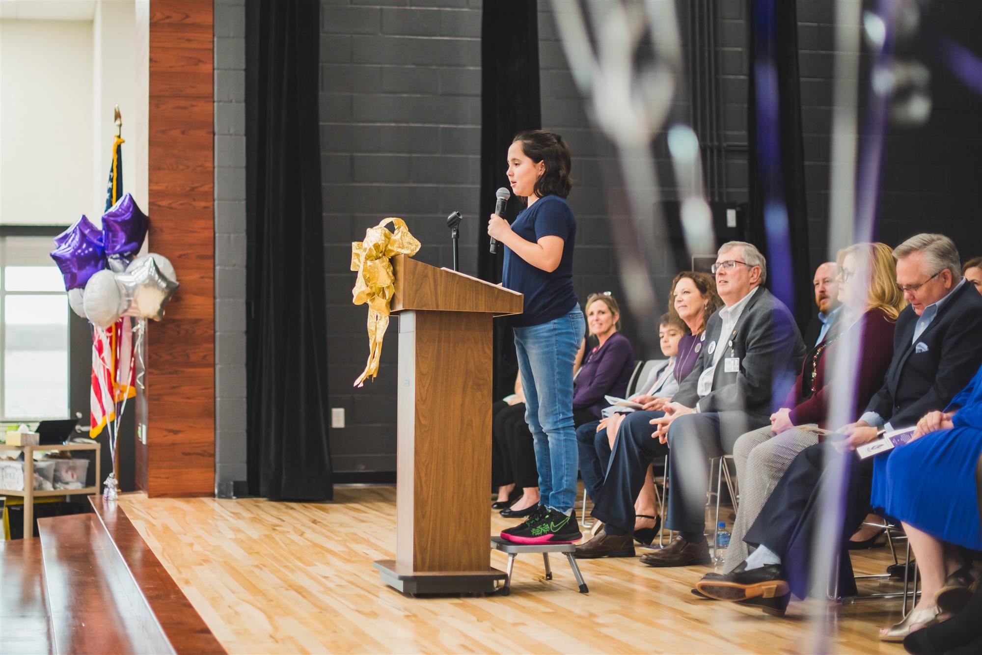 Mill Street Student Council Vice President Isabella Mora Barretto speaks to the audience. 2020 