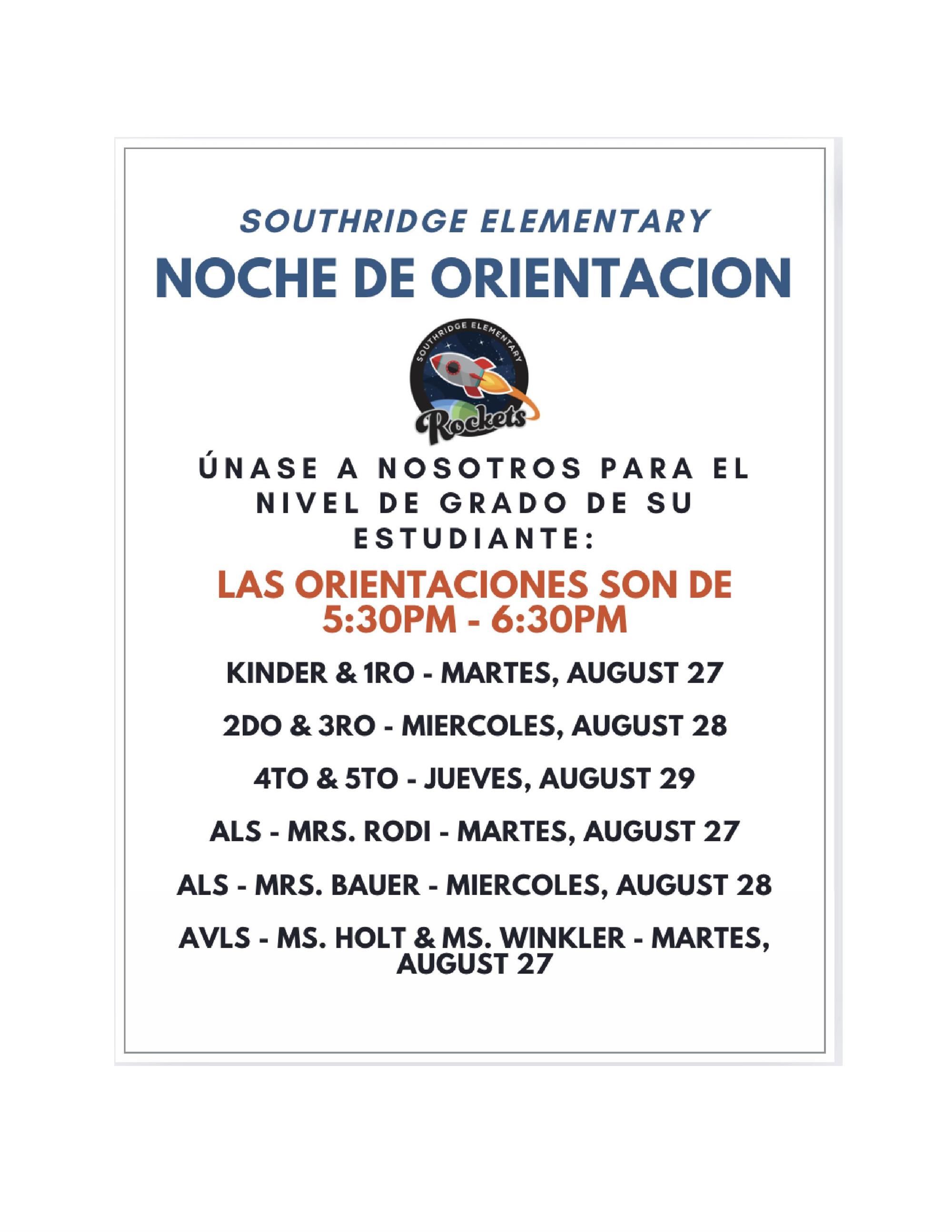 K and 1st: August 27 at 5:30PM; 2nd and 3rd August 28 at 5:30PM; 4th and 5th grade August 29