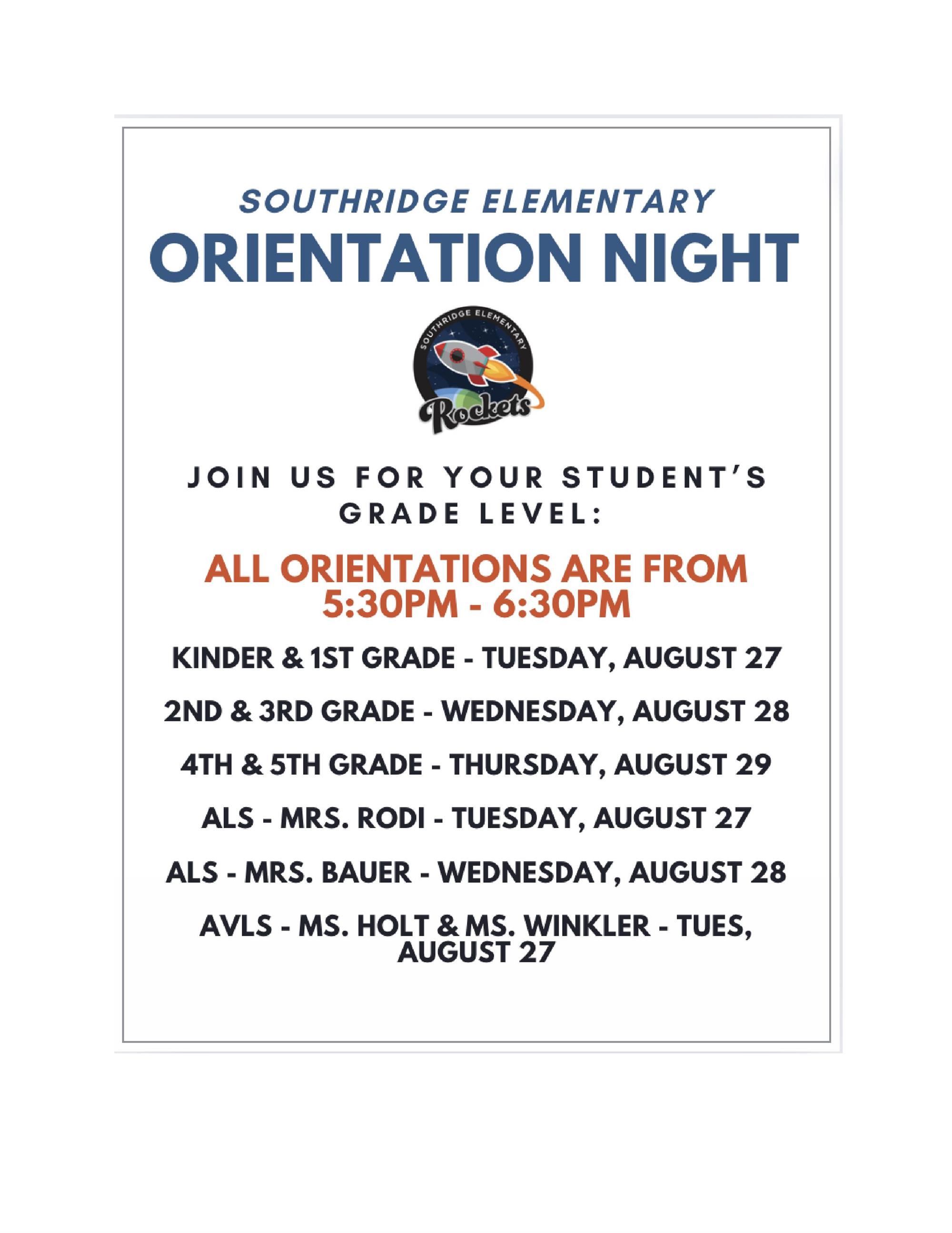 K and 1st: August 27 at 5:30PM; 2nd and 3rd August 28 at 5:30PM; 4th and 5th grade August 29