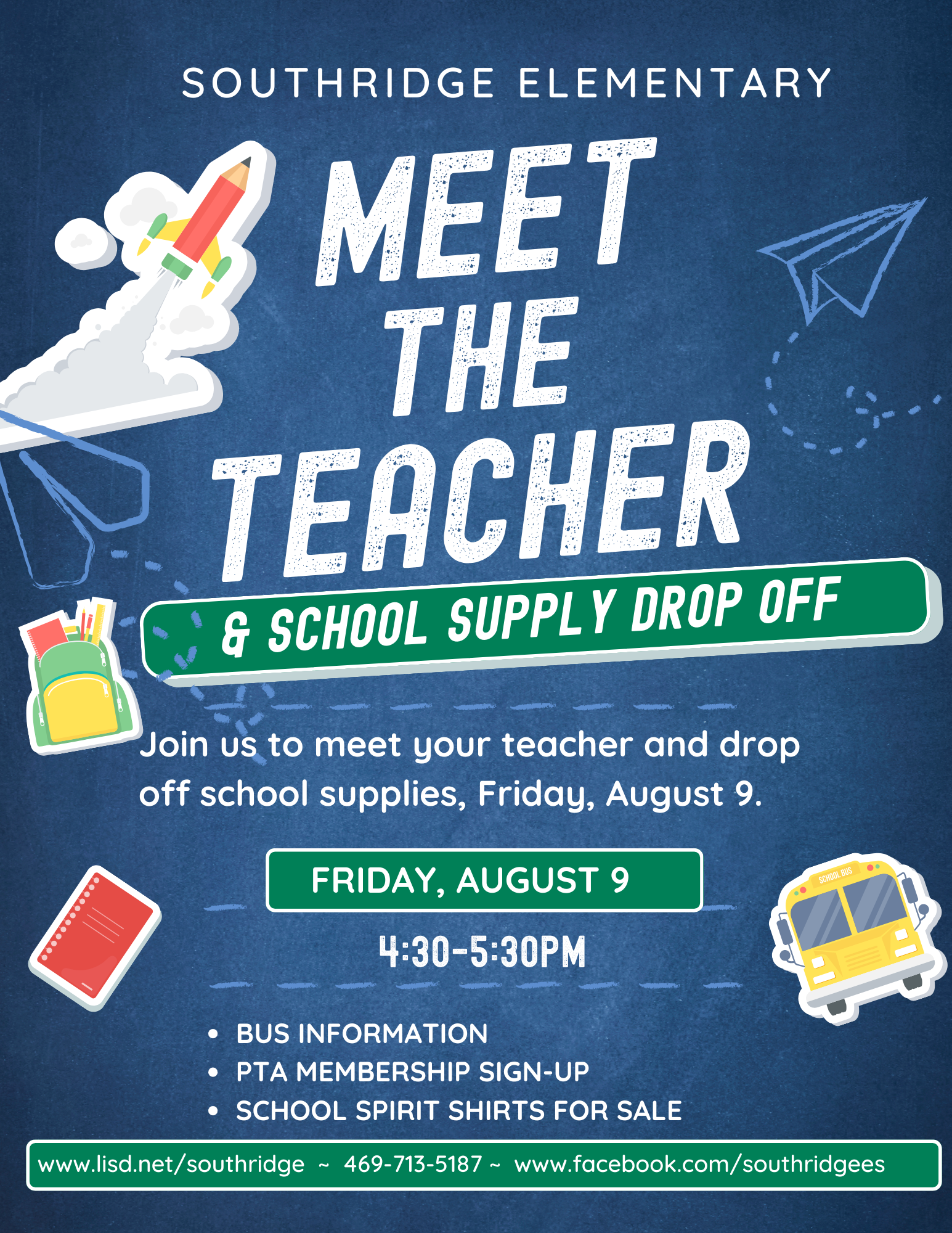  Meet the teacher night in school drop off. Friday August 9th from 4:30 p.m. to 5:30 p.m.