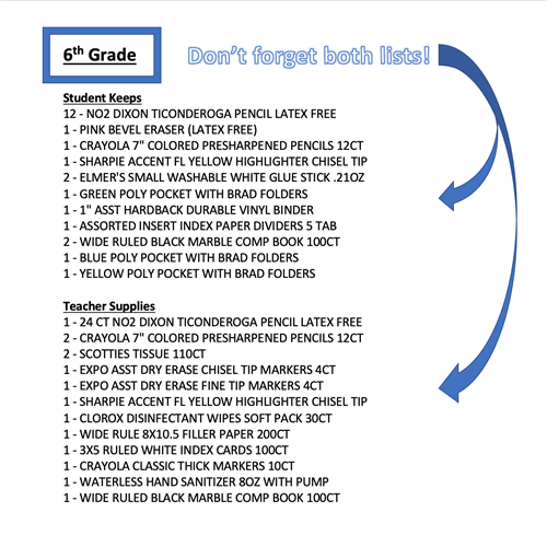6th grade supplies