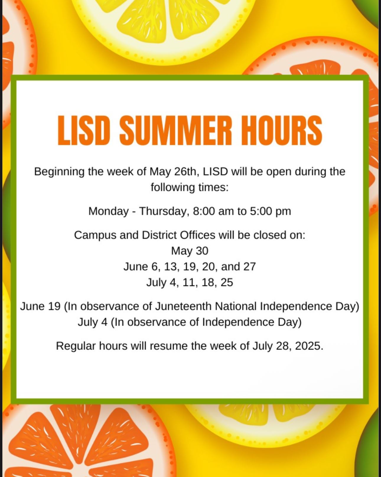 Summer Hours!
